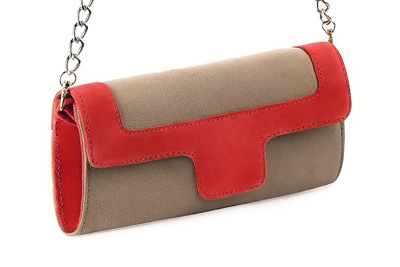 Women's tan beige and scarlet red luxurious elegant clutch for ceremonies, weddings and evenings out. - Front view